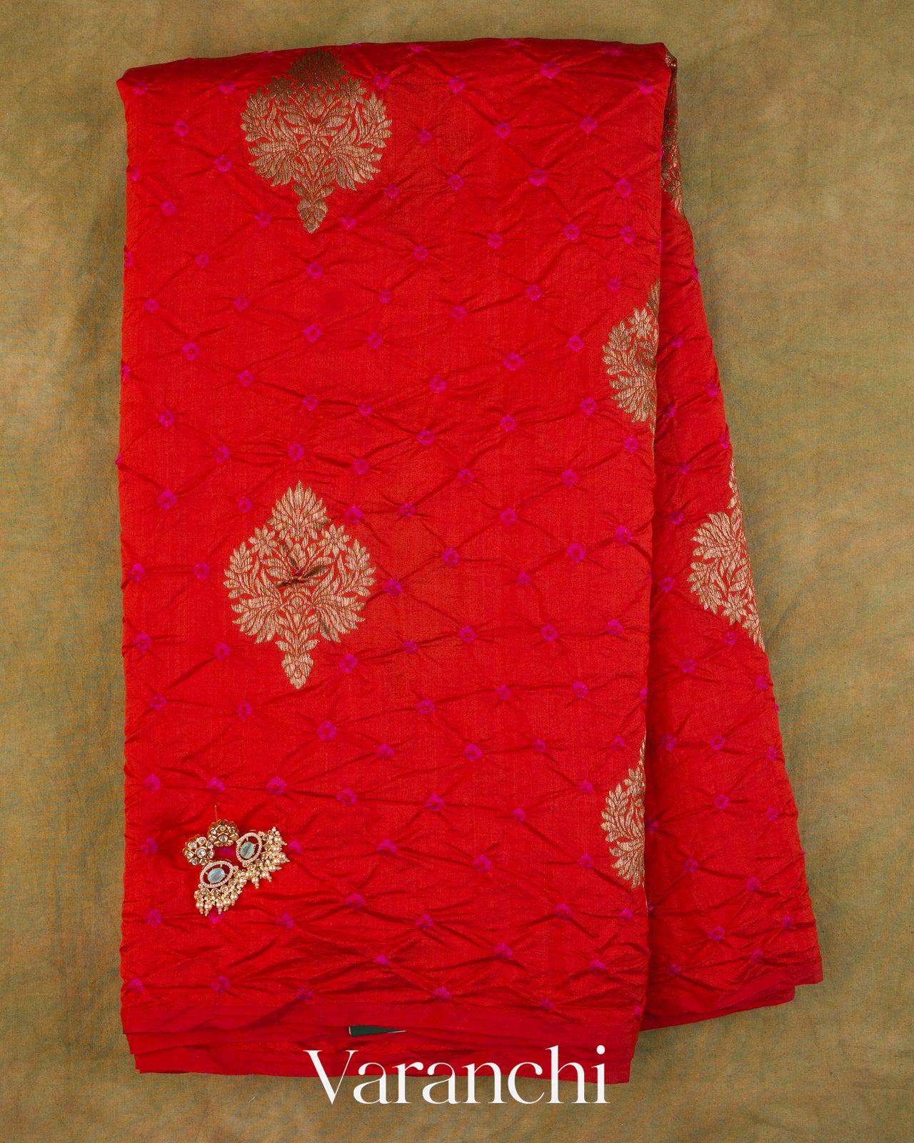 Bright Red Bandhani Pure Chiniya Silk Saree