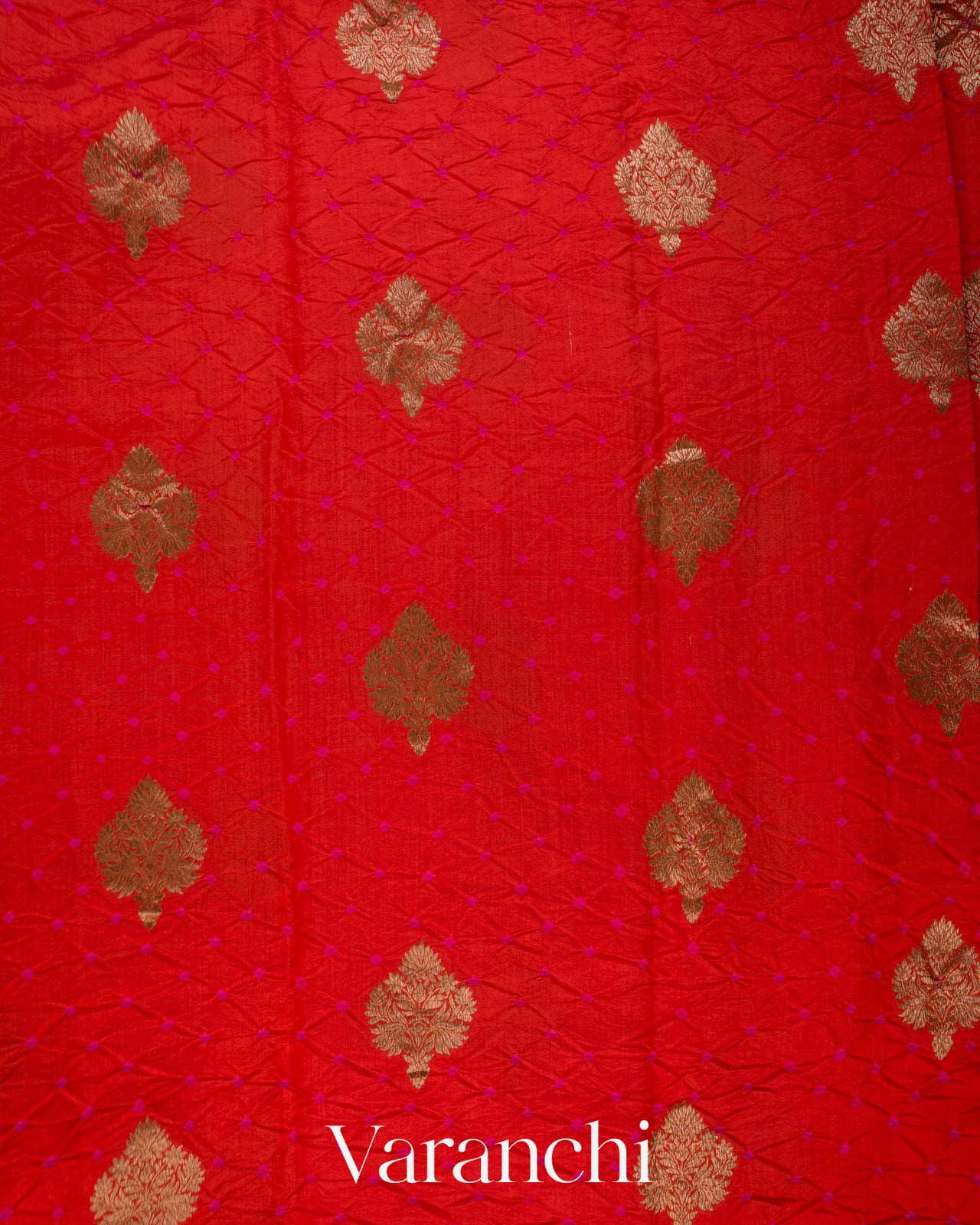 Bright Red Bandhani Pure Chiniya Silk Saree