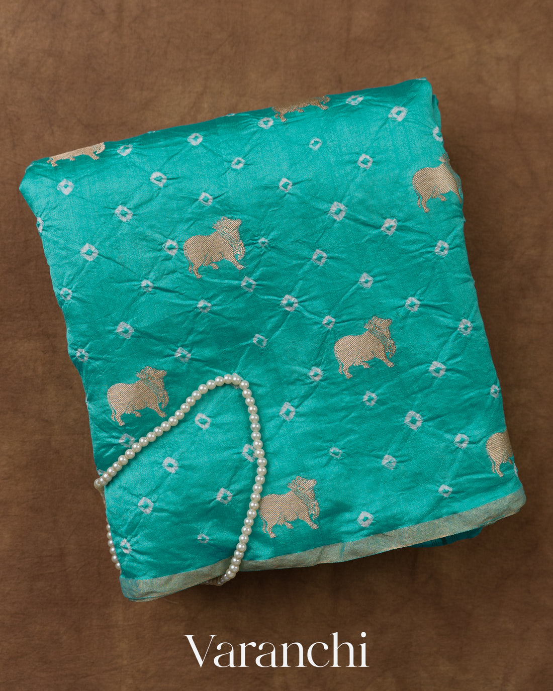 Teal Green Bandhani Pichwai Pure Chiniya Silk Saree