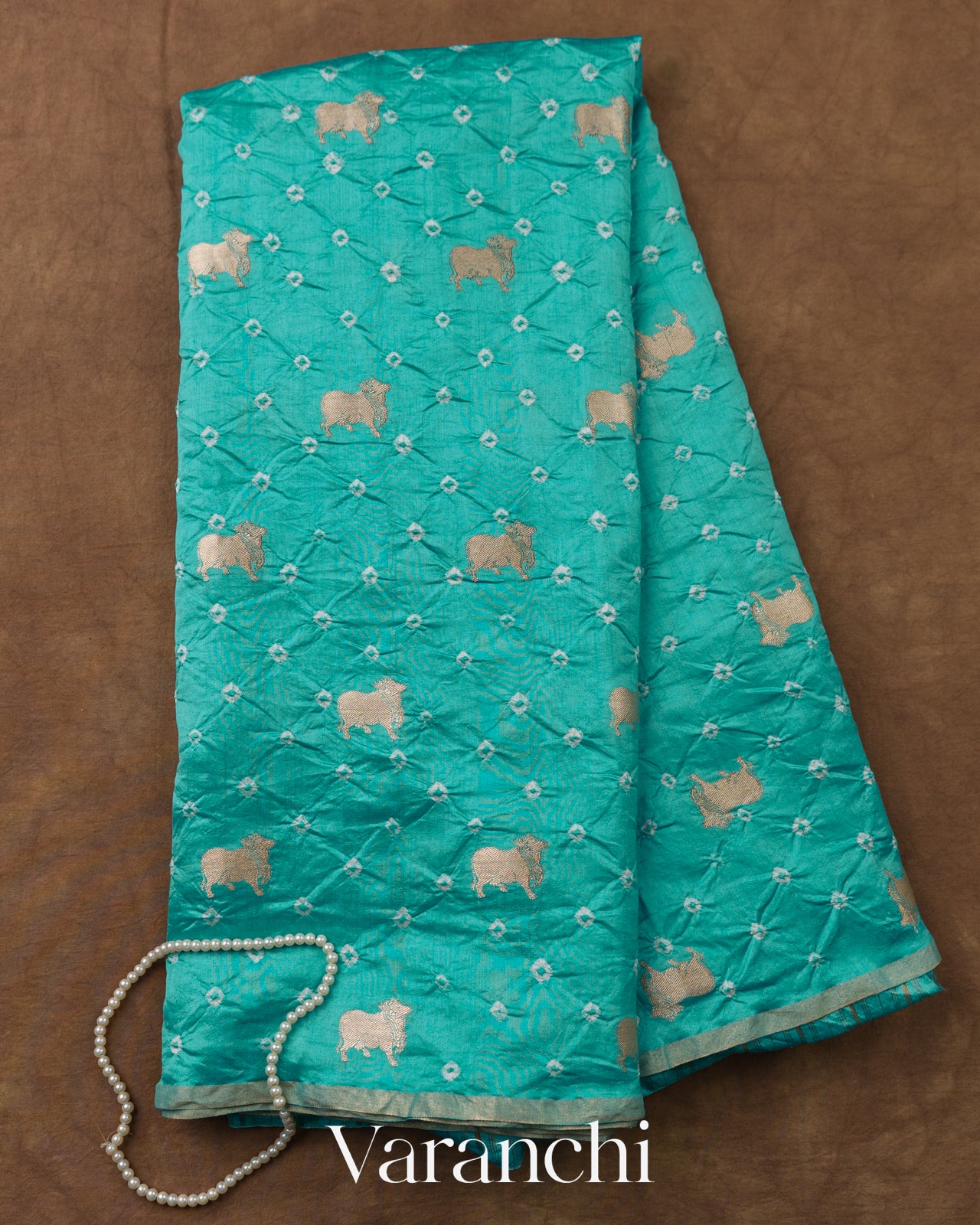 Teal Green Bandhani Pichwai Pure Chiniya Silk Saree