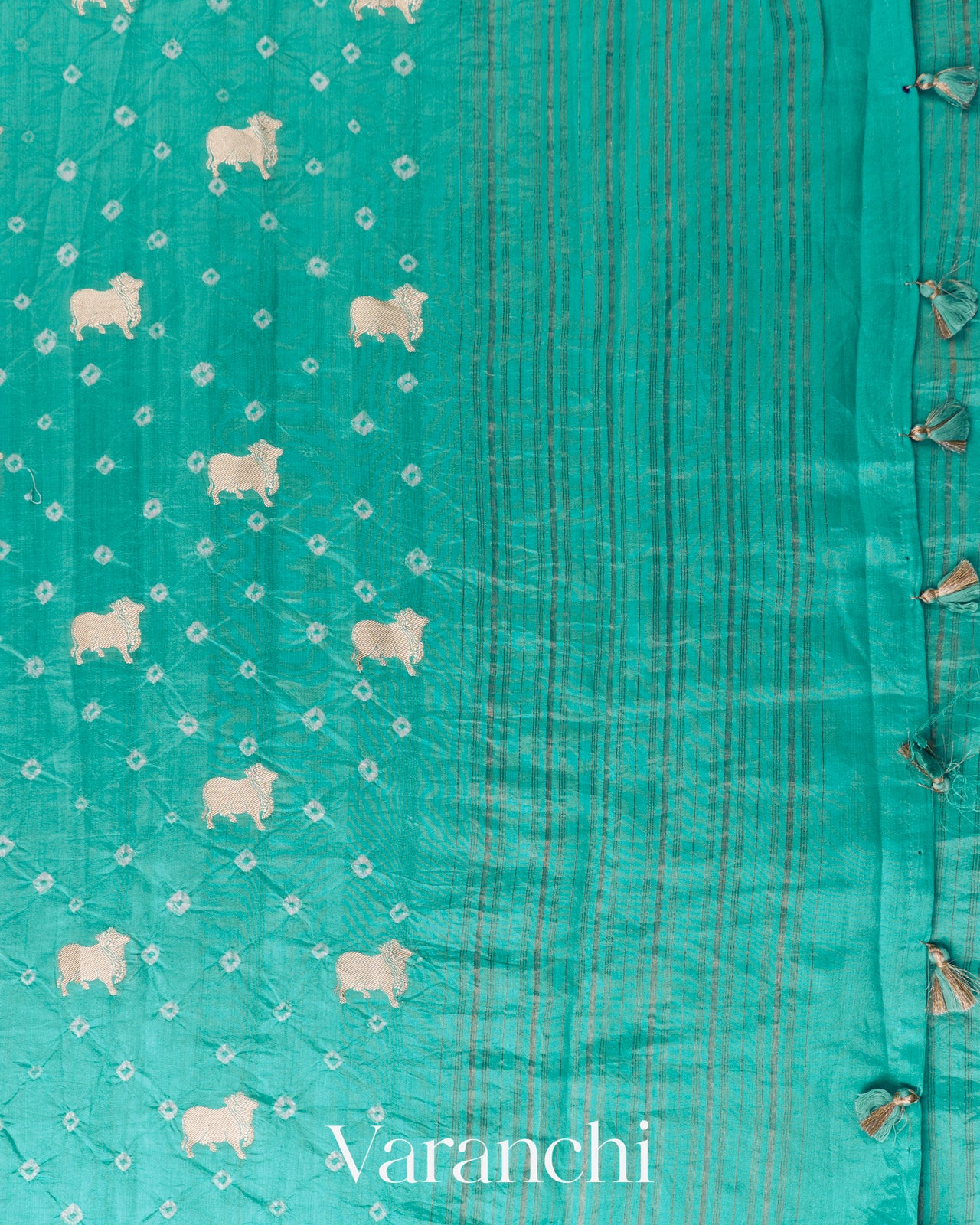 Teal Green Bandhani Pichwai Pure Chiniya Silk Saree