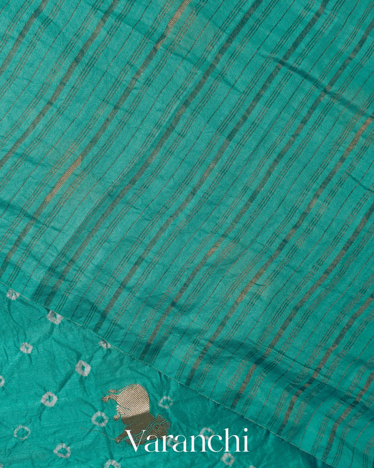 Teal Green Bandhani Pichwai Pure Chiniya Silk Saree