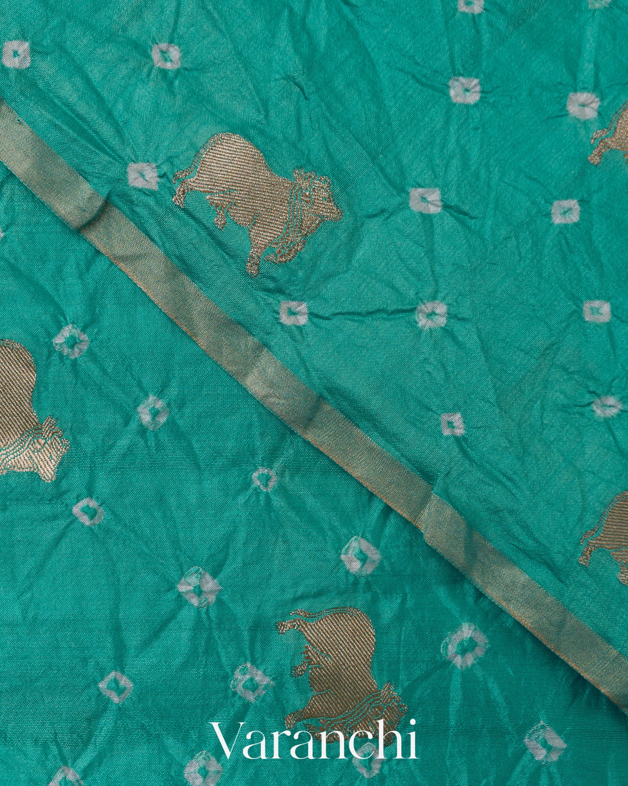 Teal Green Bandhani Pichwai Pure Chiniya Silk Saree