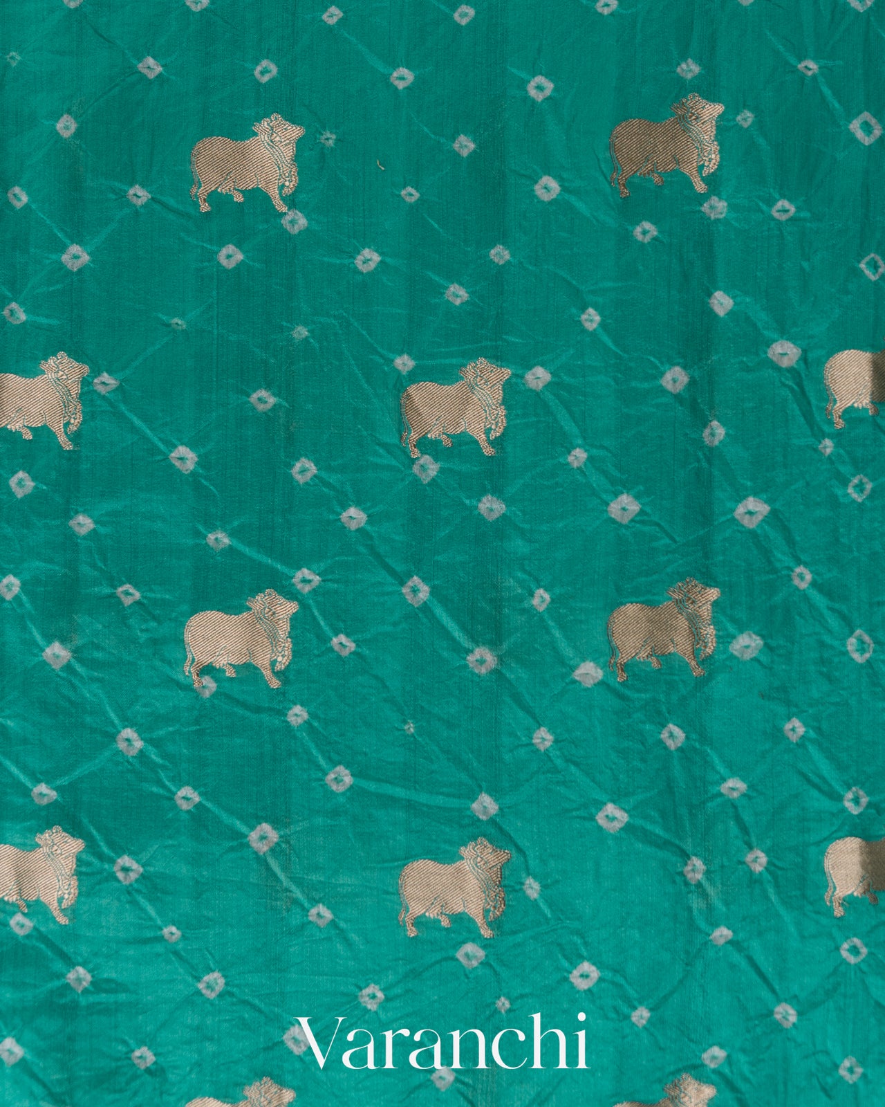 Teal Green Bandhani Pichwai Pure Chiniya Silk Saree