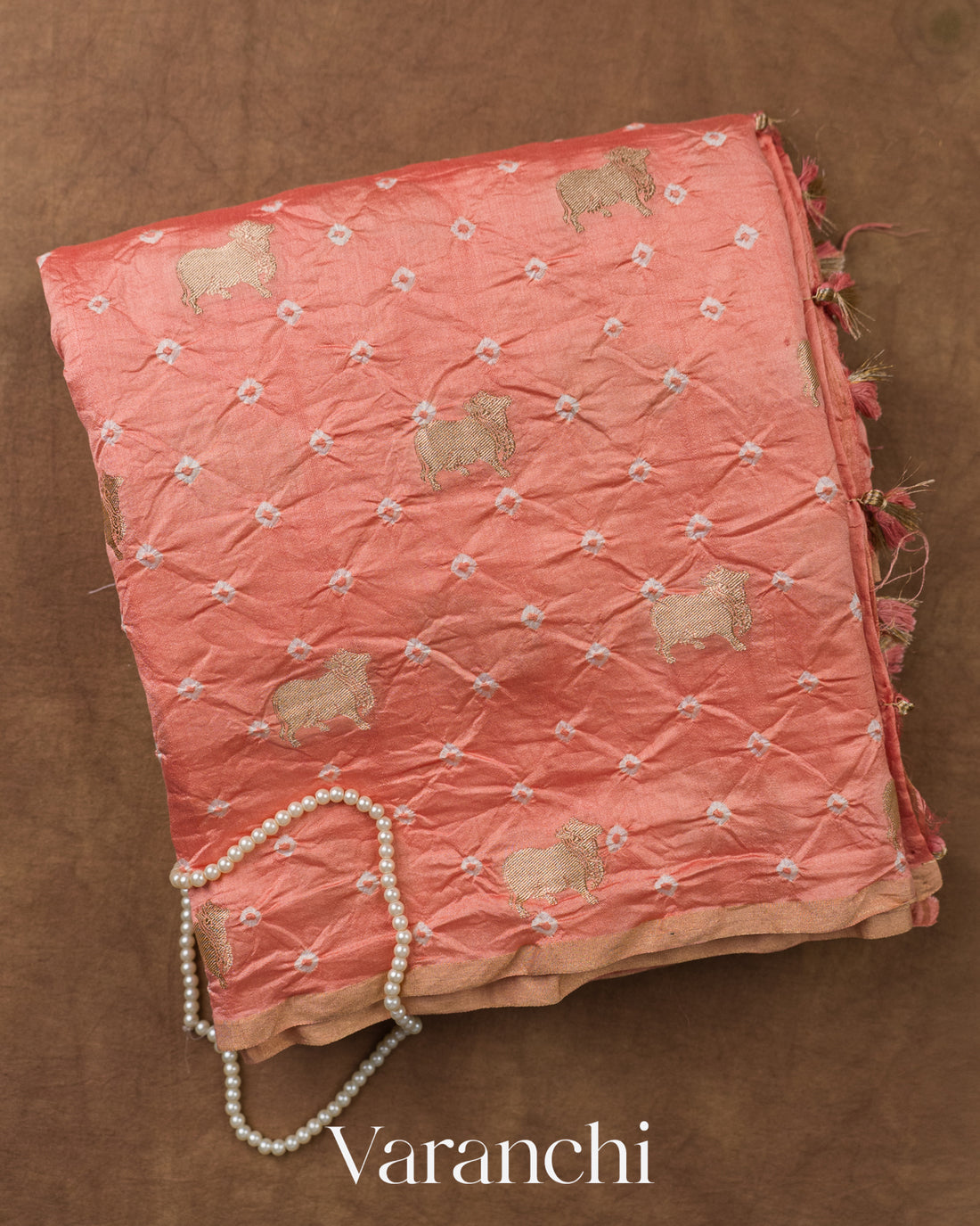 Peach Bandhani Pichwai Pure Chiniya Silk Saree