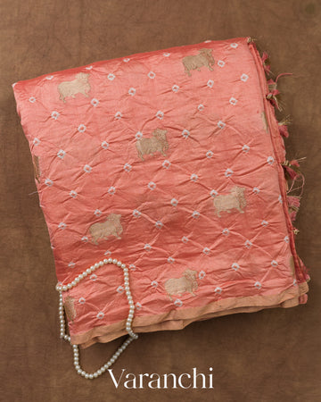 Peach Bandhani Pichwai Pure Chiniya Silk Saree