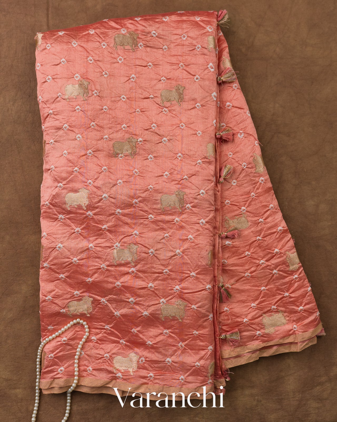 Peach Bandhani Pichwai Pure Chiniya Silk Saree