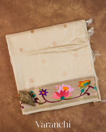 Ivory Embroidered Border Pure Tussar Silk Saree