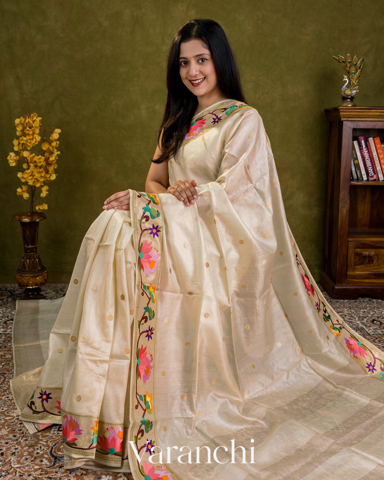 Ivory Embroidered Border Pure Tussar Silk Saree