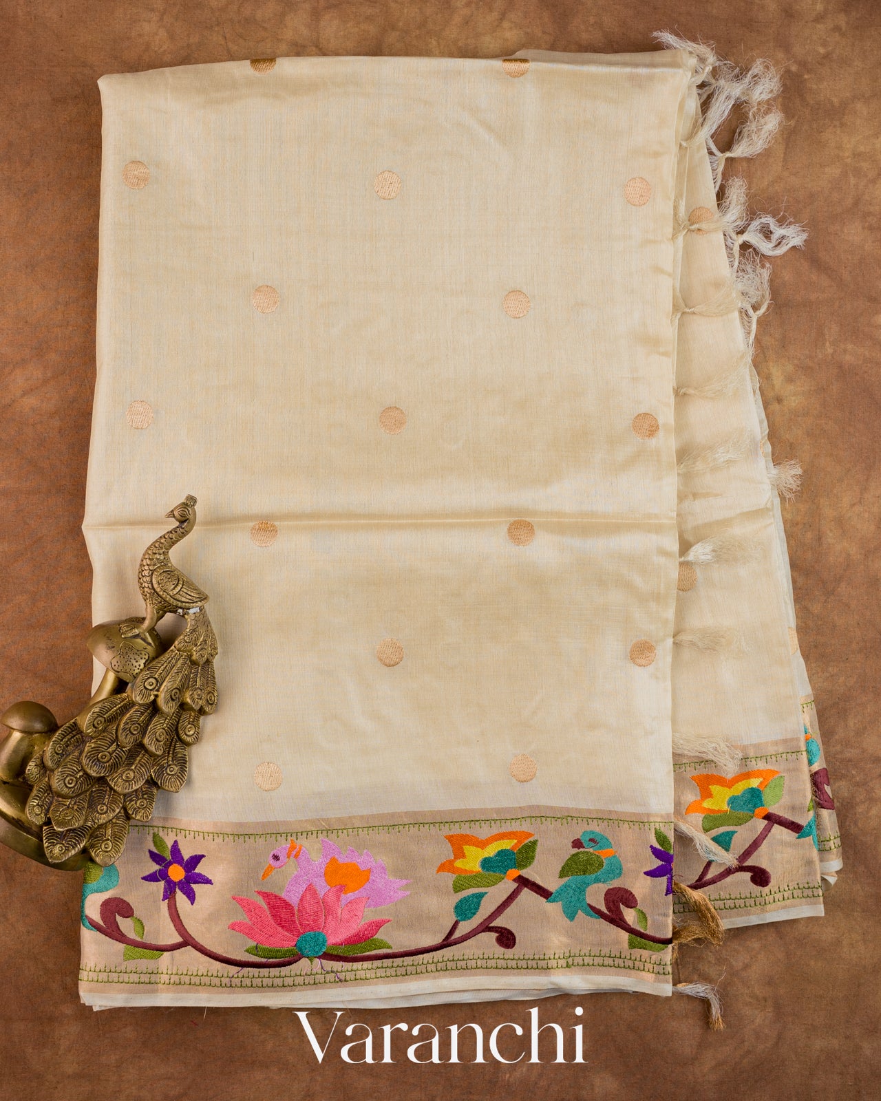 Ivory Embroidered Border Pure Tussar Silk Saree