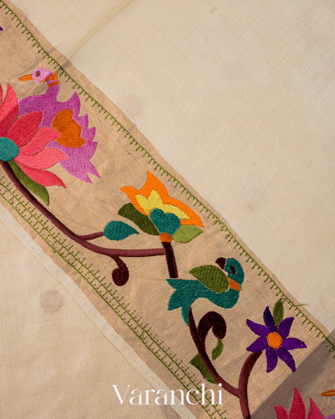 Ivory Embroidered Border Pure Tussar Silk Saree