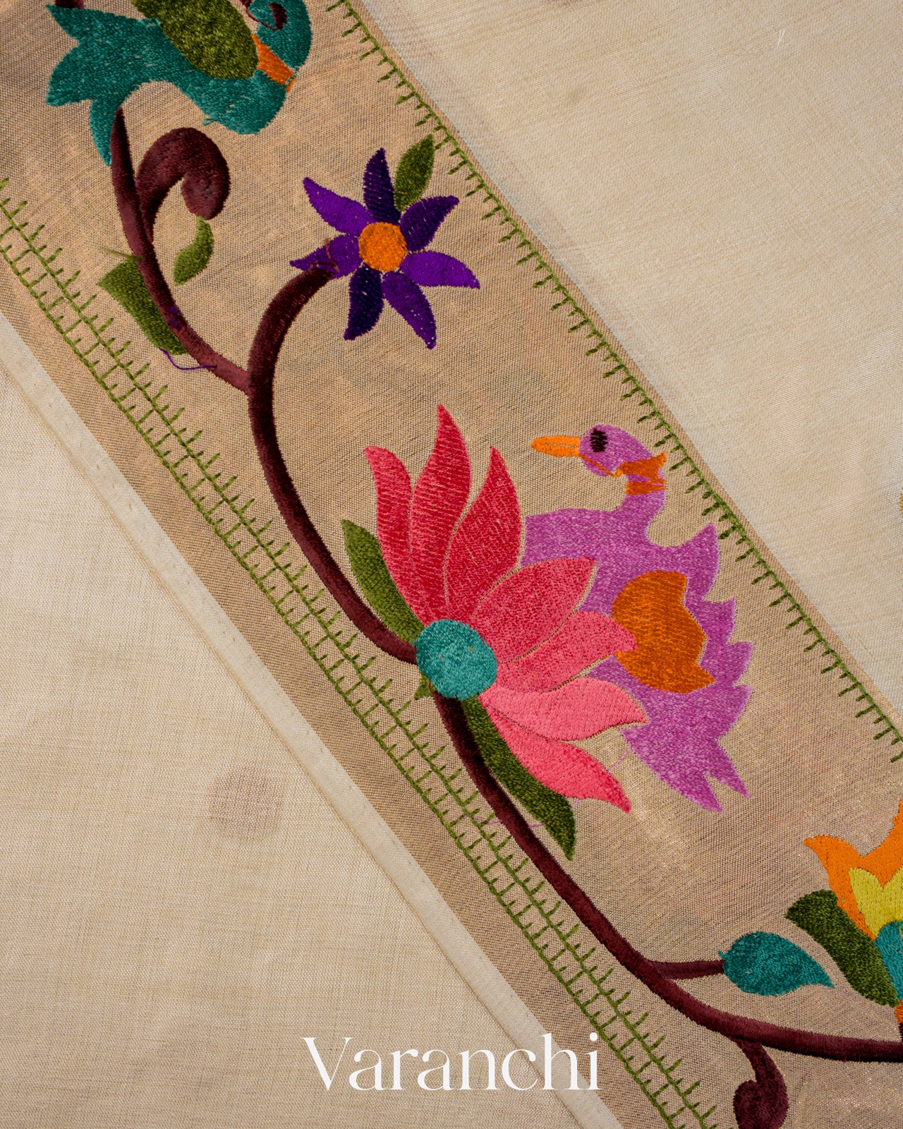 Ivory Embroidered Border Pure Tussar Silk Saree