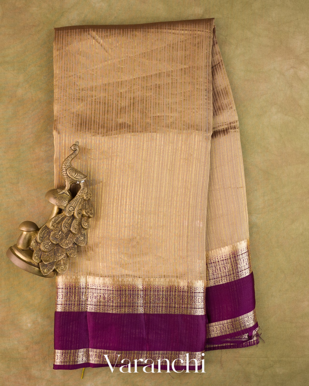 Beige Striped Pure Katan Silk Saree