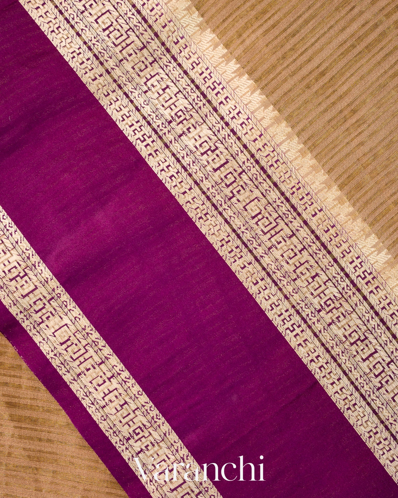 Beige Striped Pure Katan Silk Saree