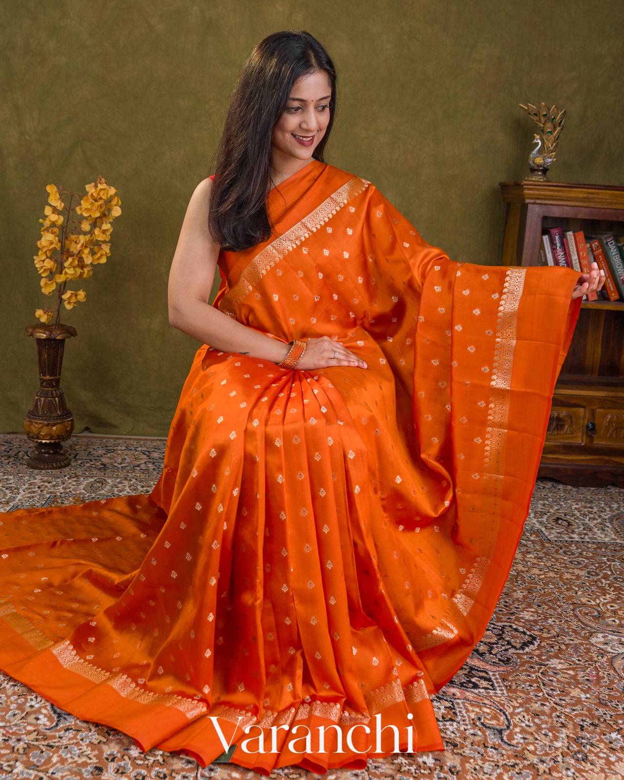Vermilion Orange Pure Poona Silk Saree