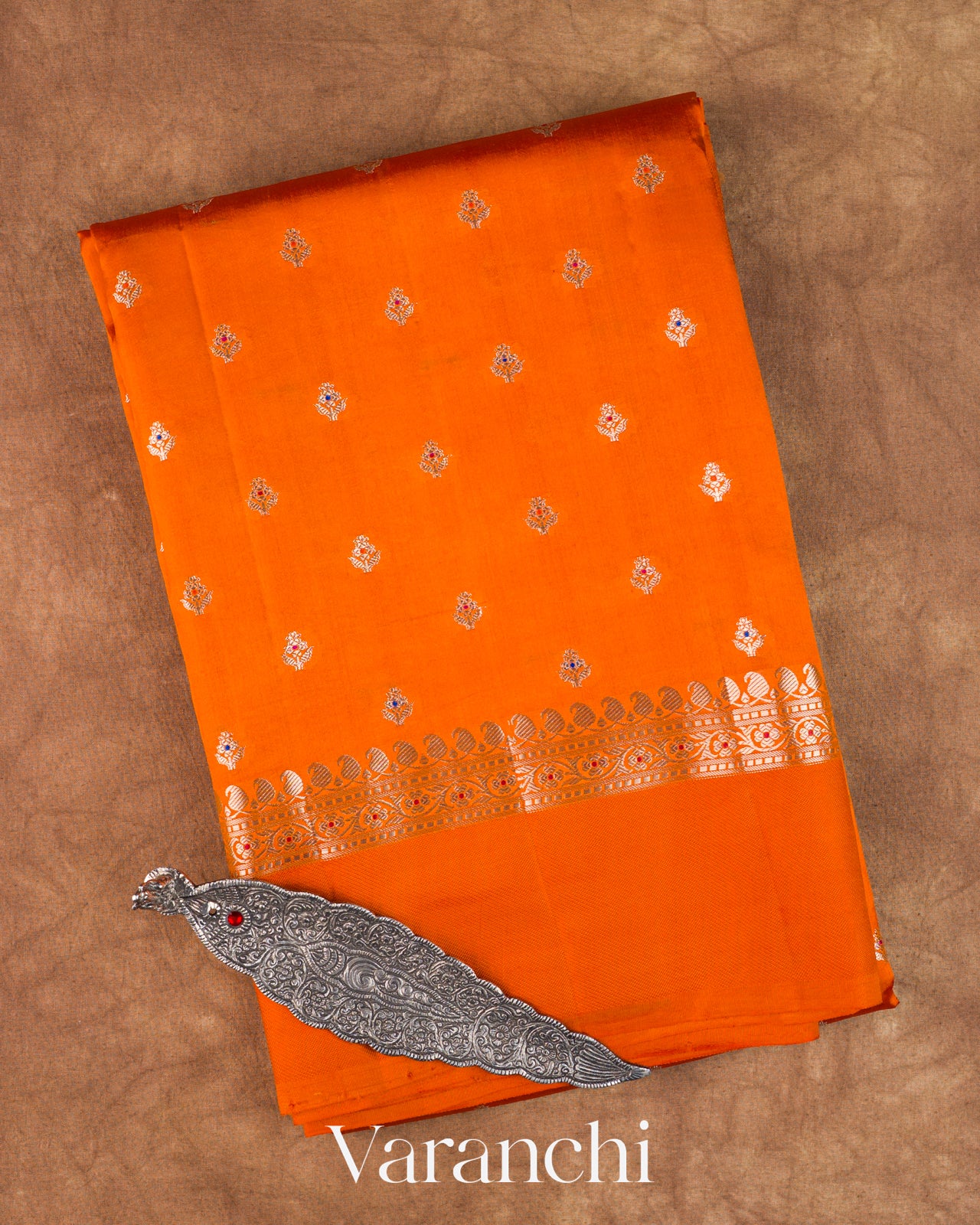 Vermilion Orange Pure Poona Silk Saree
