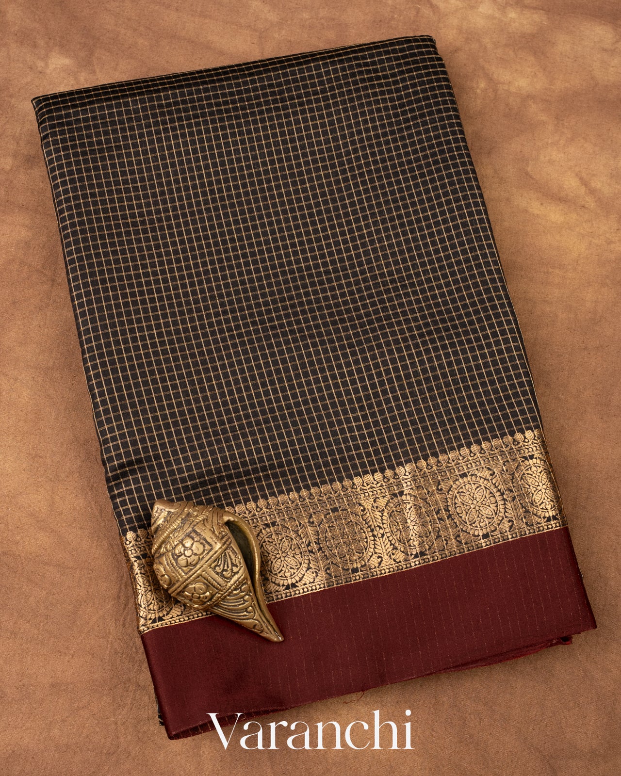 Jet Black Checks Pure Katan Silk Saree