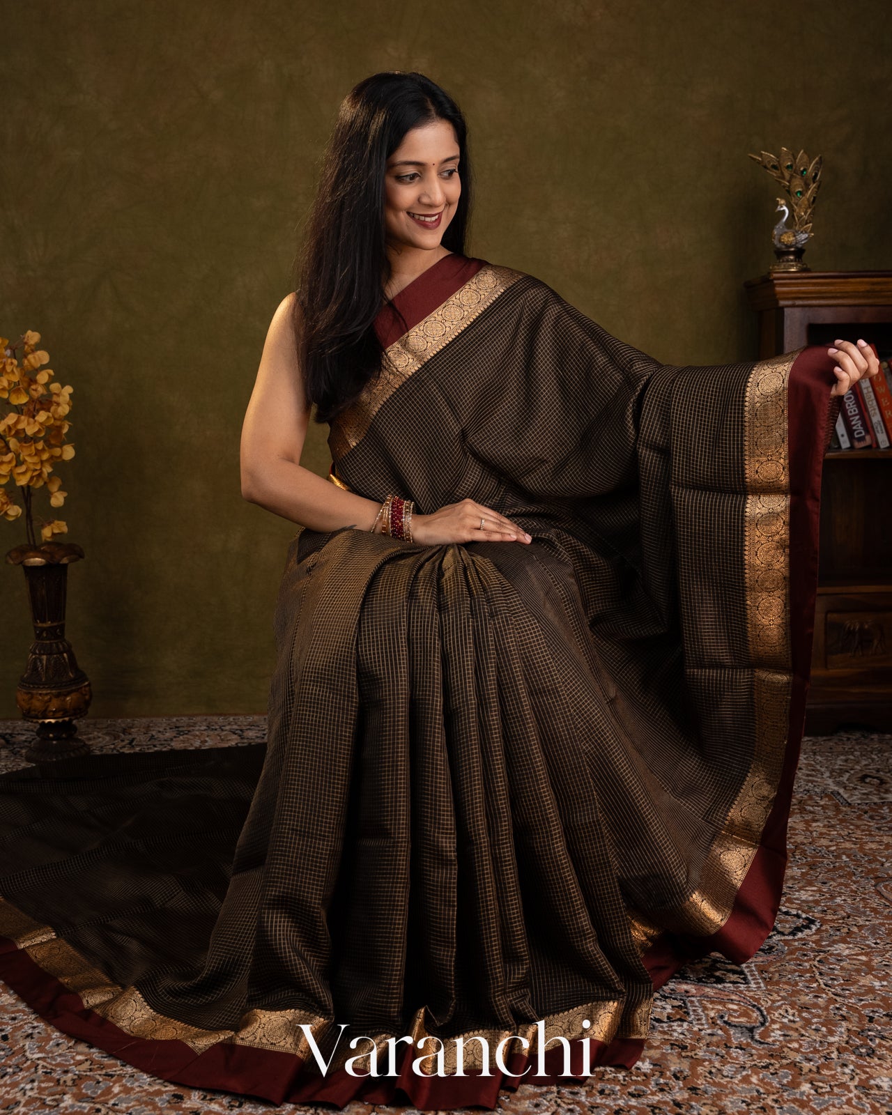 Jet Black Checks Pure Katan Silk Saree