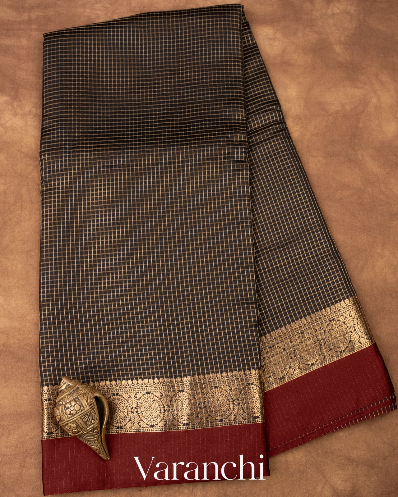 Jet Black Checks Pure Katan Silk Saree
