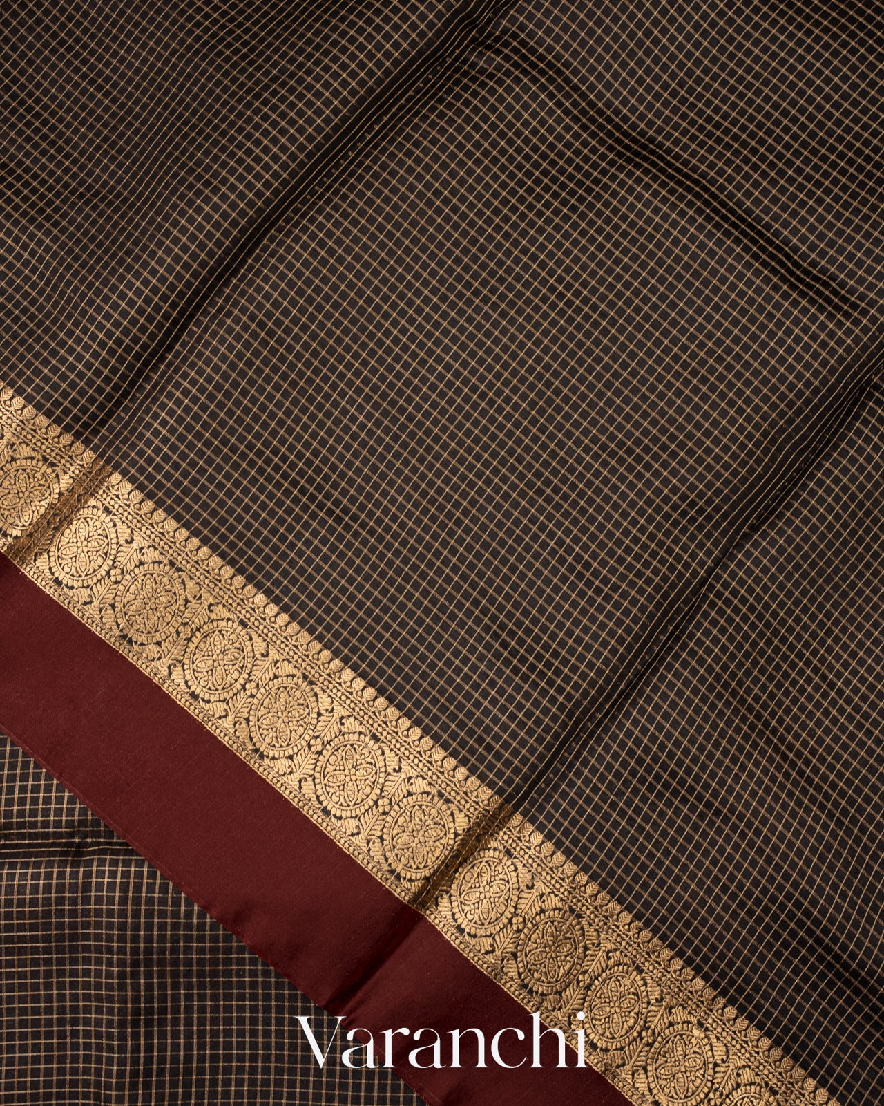 Jet Black Checks Pure Katan Silk Saree