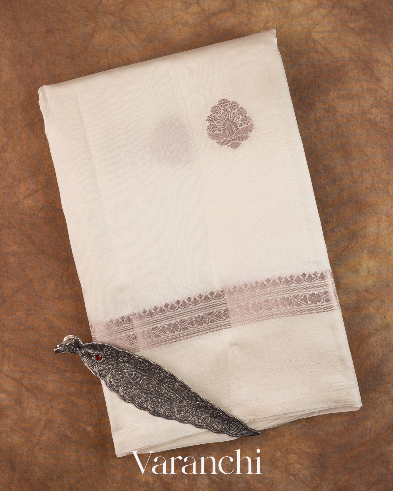 Off-White Woven Pure Poona Silk Saree