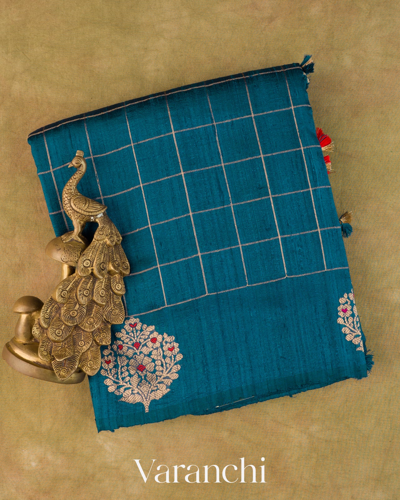 Peacock Blue Checkered Pure Raw Silk Handloom Saree