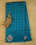 Peacock Blue Checkered Pure Raw Silk Handloom Saree