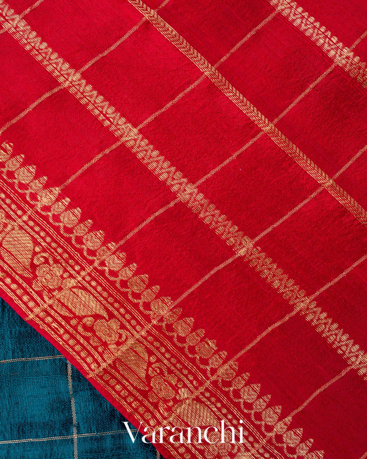 Peacock Blue Checkered Pure Raw Silk Handloom Saree