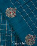 Peacock Blue Checkered Pure Raw Silk Handloom Saree