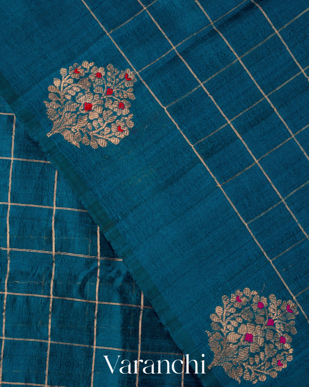 Peacock Blue Checkered Pure Raw Silk Handloom Saree