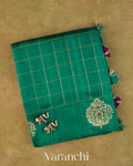 Rama Green Checkered Pure Raw Silk Handloom Saree