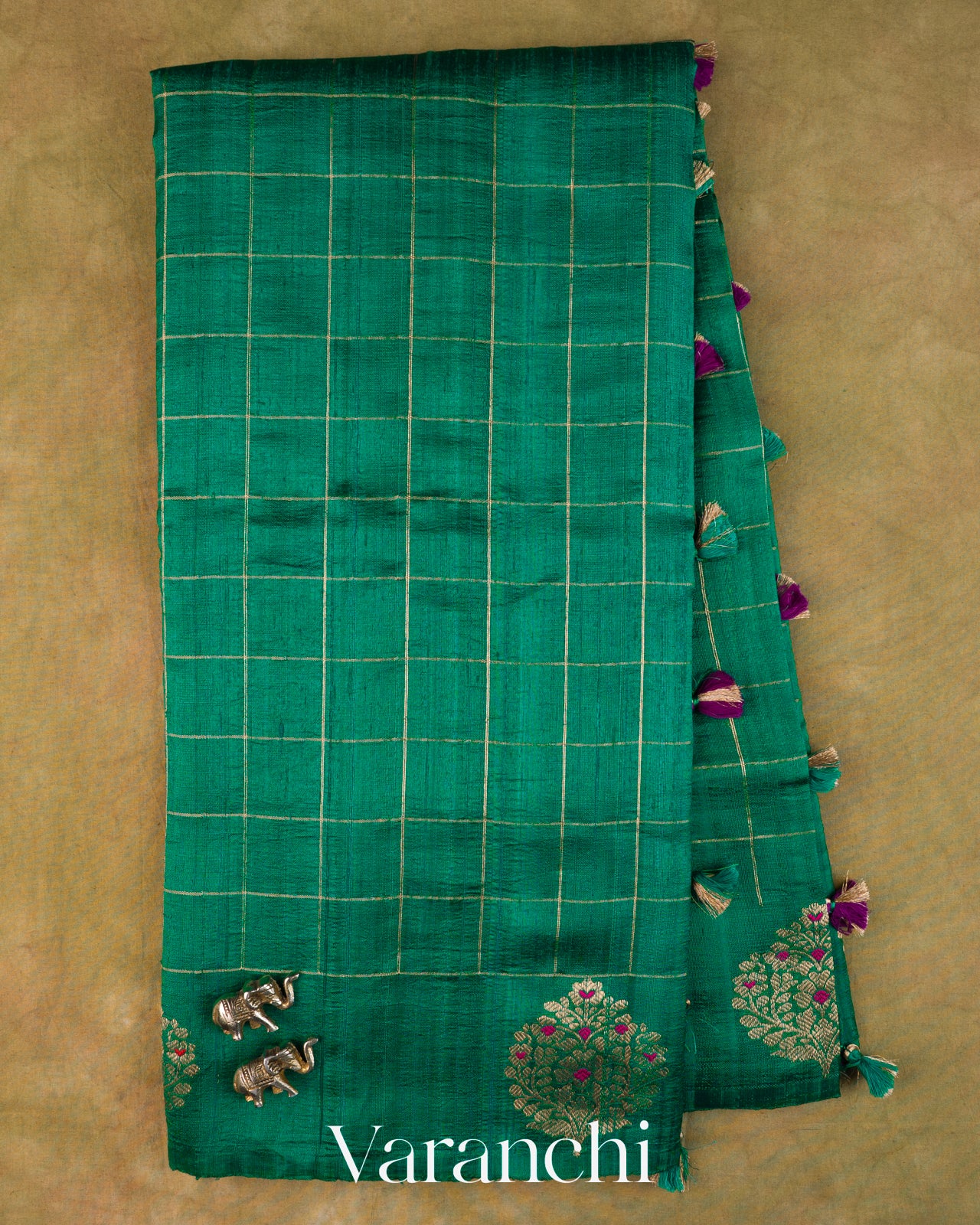 Rama Green Checkered Pure Raw Silk Handloom Saree