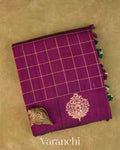 Wine Purple Checkered Pure Raw Silk Handloom Saree