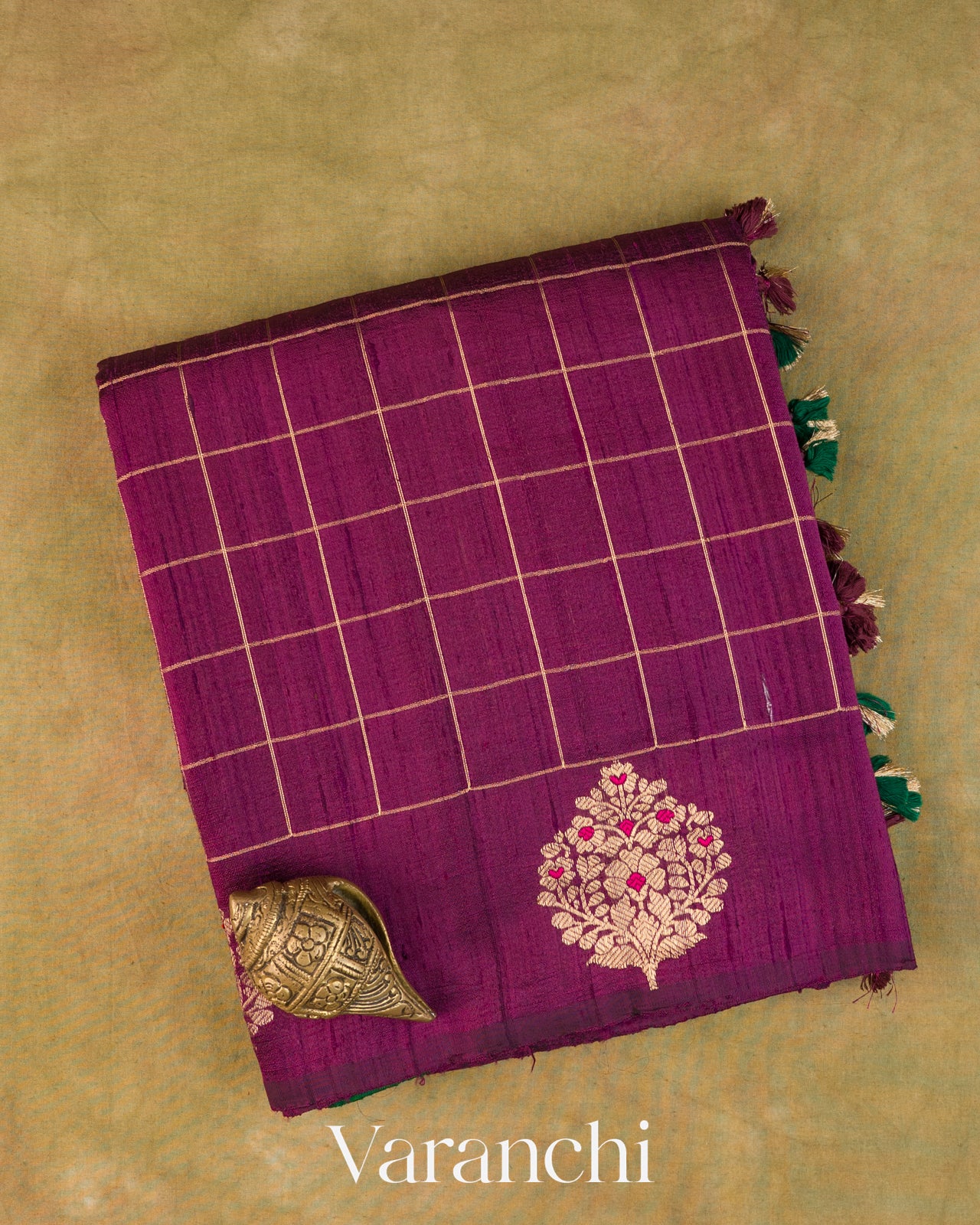 Wine Purple Checkered Pure Raw Silk Handloom Saree