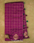 Wine Purple Checkered Pure Raw Silk Handloom Saree