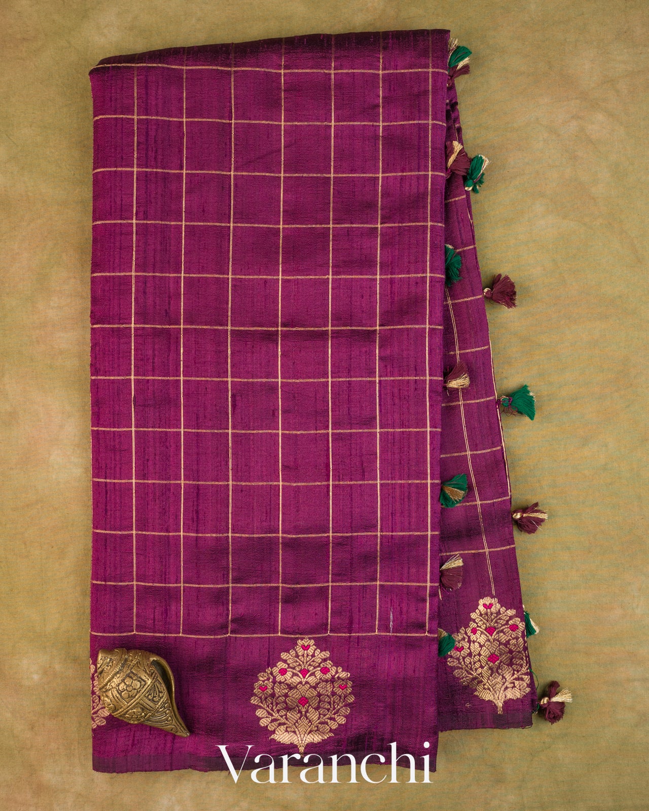 Wine Purple Checkered Pure Raw Silk Handloom Saree