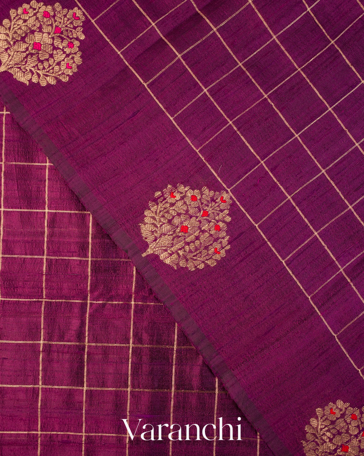 Wine Purple Checkered Pure Raw Silk Handloom Saree