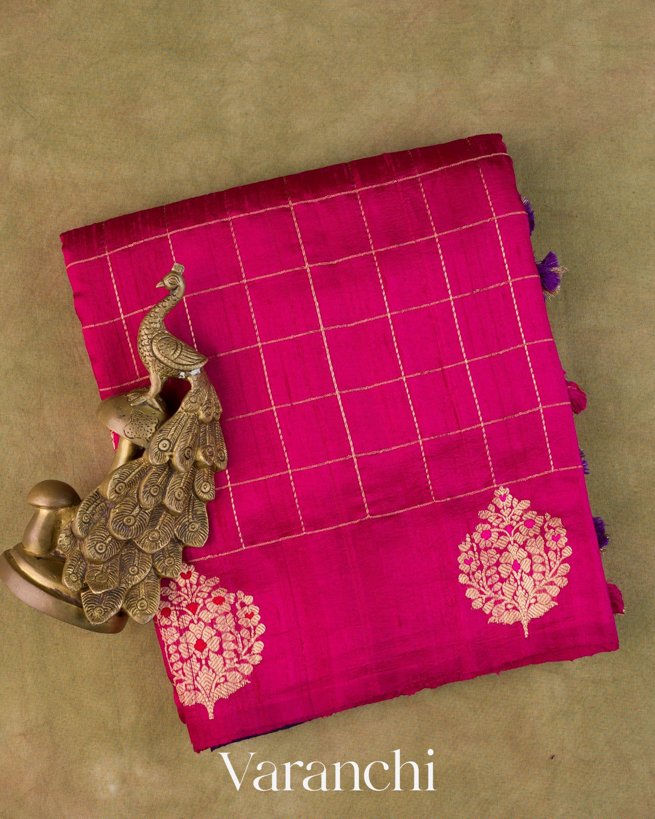Rani Pink Checkered Pure Raw Silk Handloom Saree