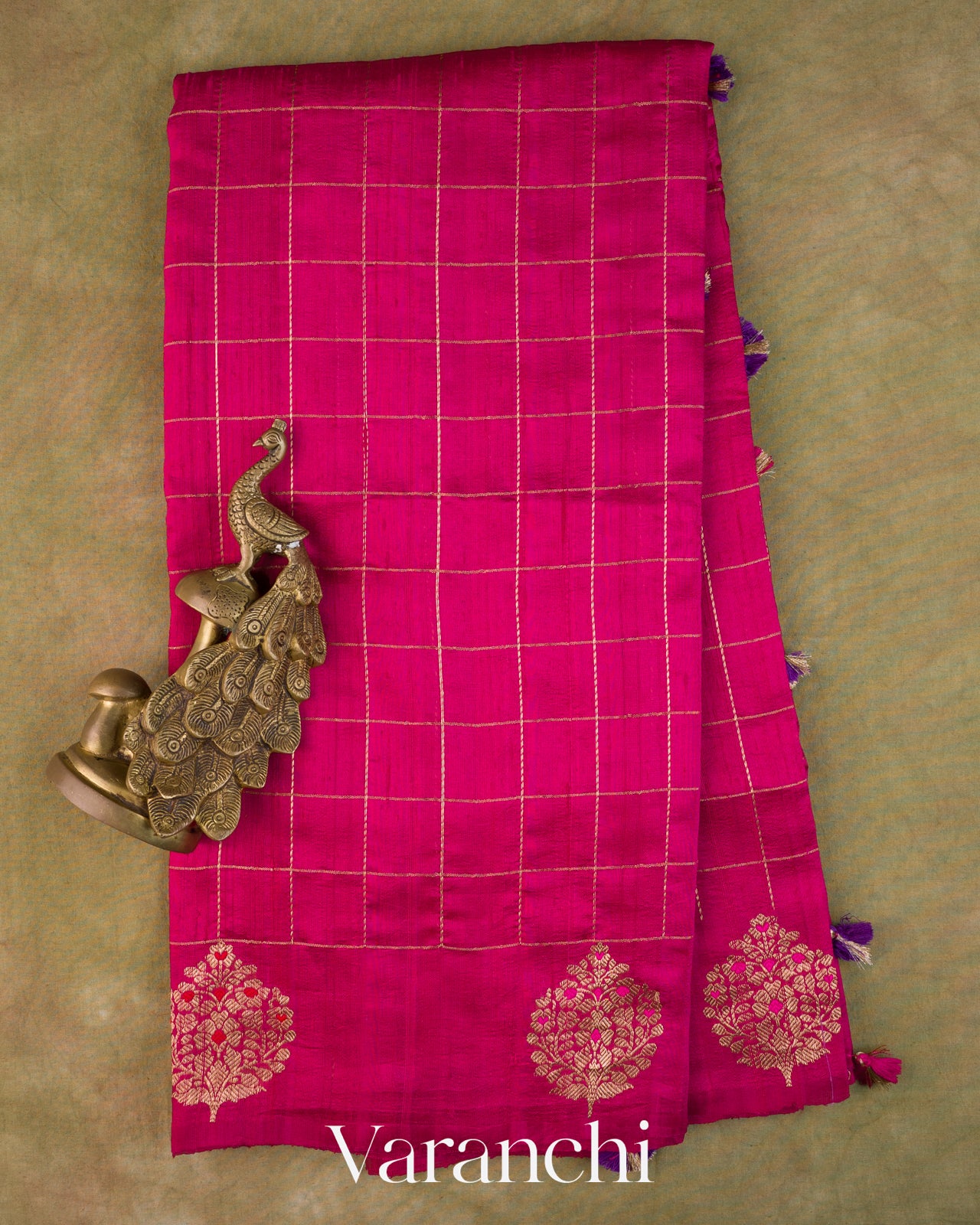 Rani Pink Checkered Pure Raw Silk Handloom Saree