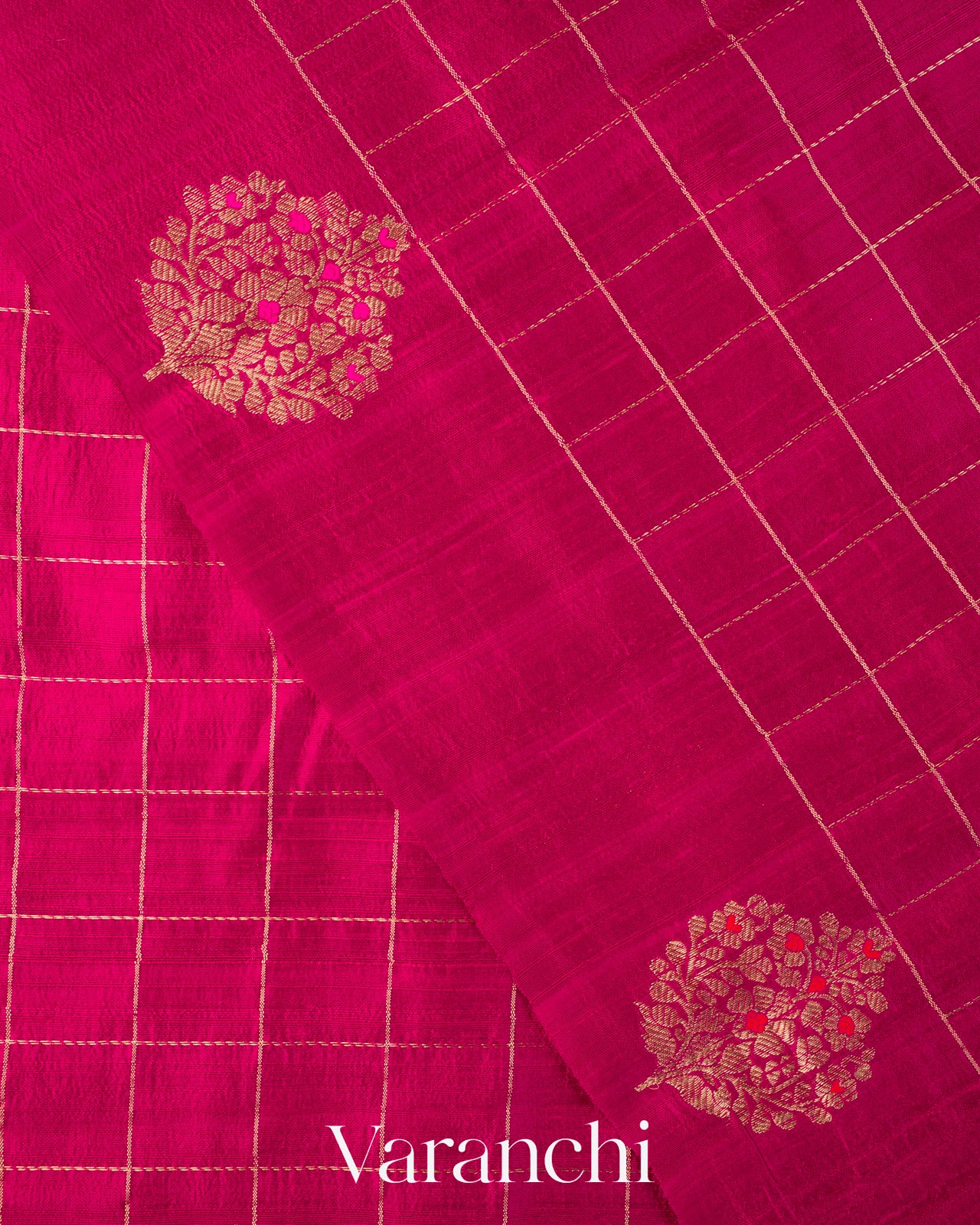 Rani Pink Checkered Pure Raw Silk Handloom Saree