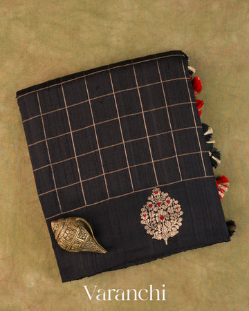 Black Checkered Pure Raw Silk Handloom Saree