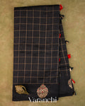 Black Checkered Pure Raw Silk Handloom Saree