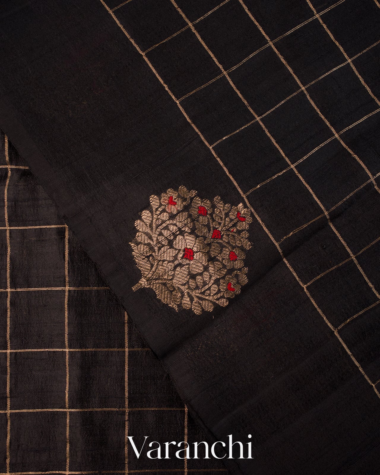 Black Checkered Pure Raw Silk Handloom Saree
