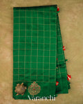 Bottle Green Checkered Pure Raw Silk Handloom Saree