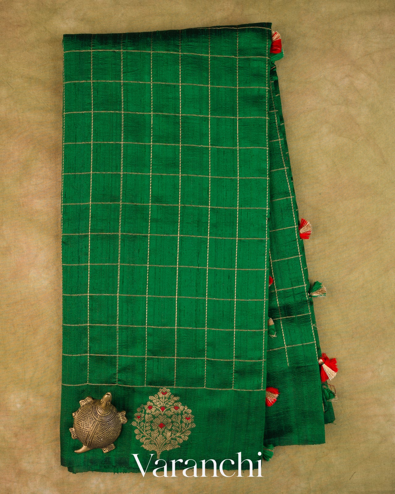 Bottle Green Checkered Pure Raw Silk Handloom Saree