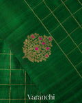 Bottle Green Checkered Pure Raw Silk Handloom Saree