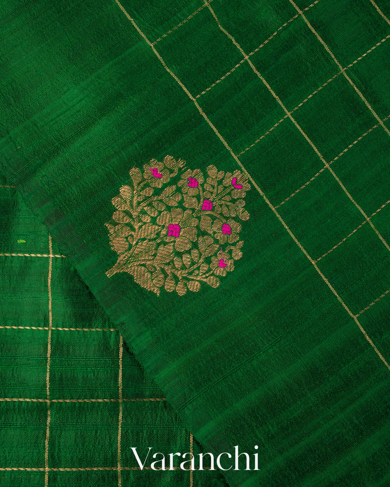 Bottle Green Checkered Pure Raw Silk Handloom Saree