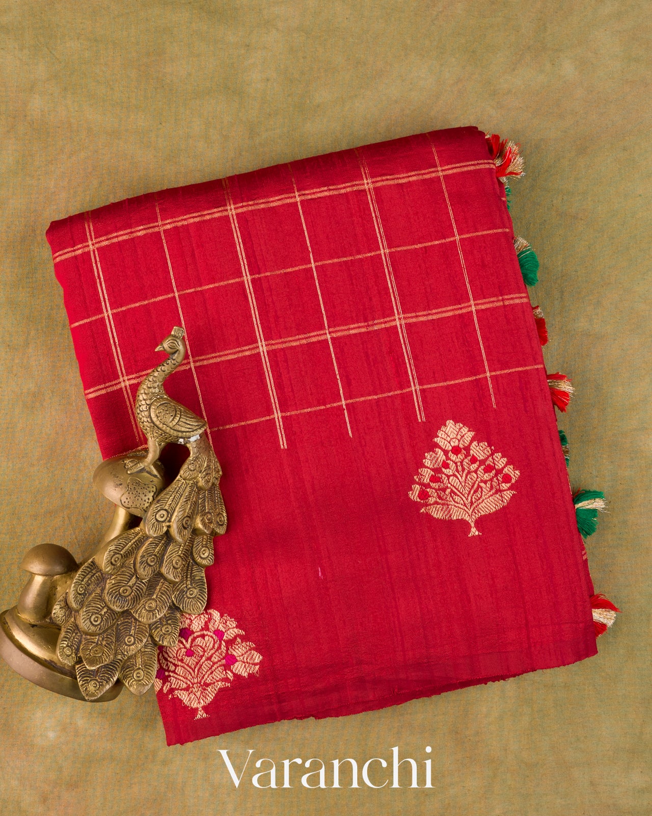 Crimson Red Checkered Pure Raw Silk Handloom Saree