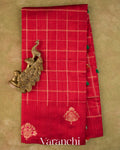 Crimson Red Checkered Pure Raw Silk Handloom Saree
