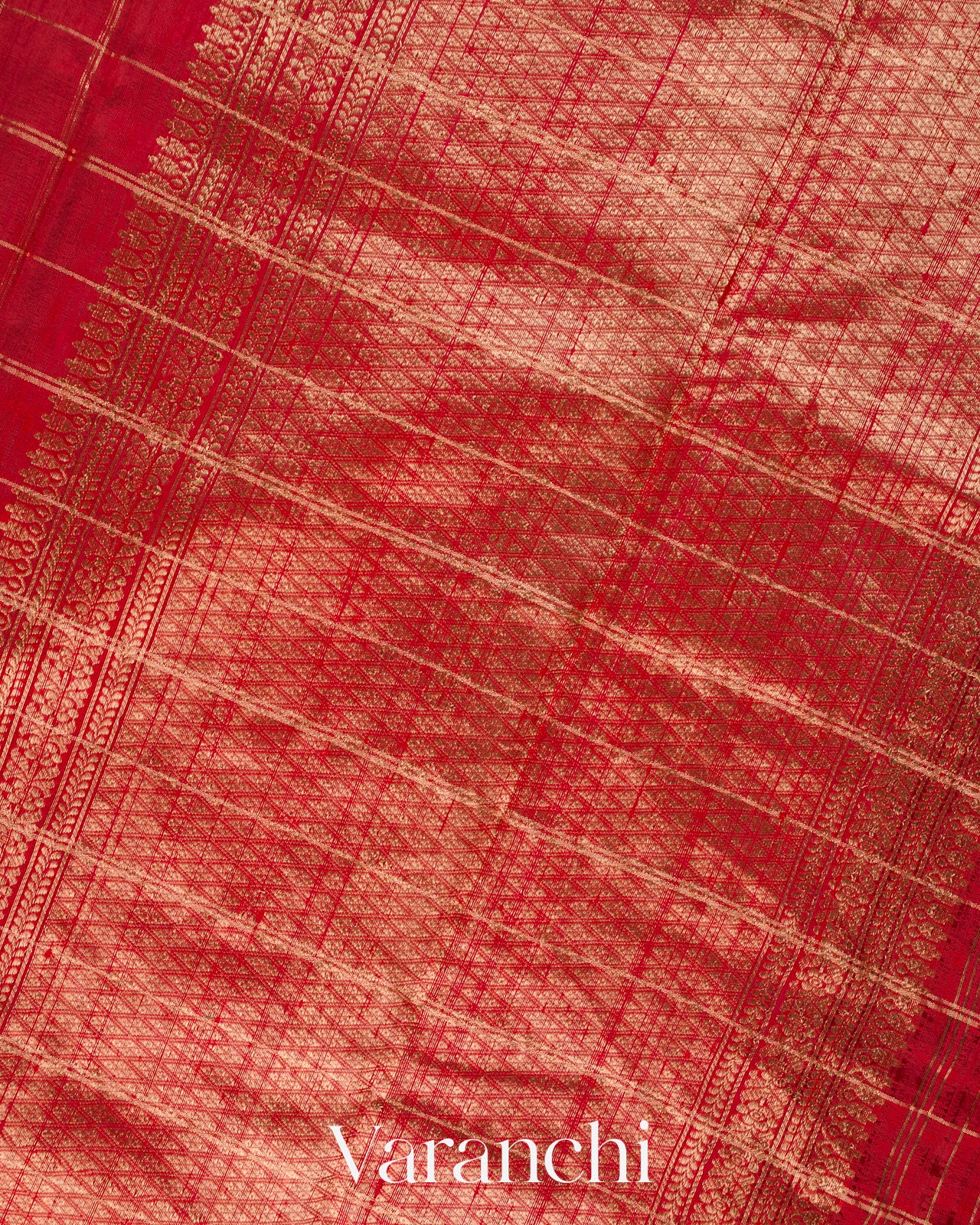 Crimson Red Checkered Pure Raw Silk Handloom Saree
